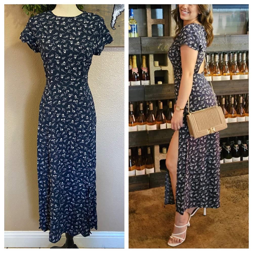 Lulus New Desires Navy Blue Floral Print Backless Maxi Dress